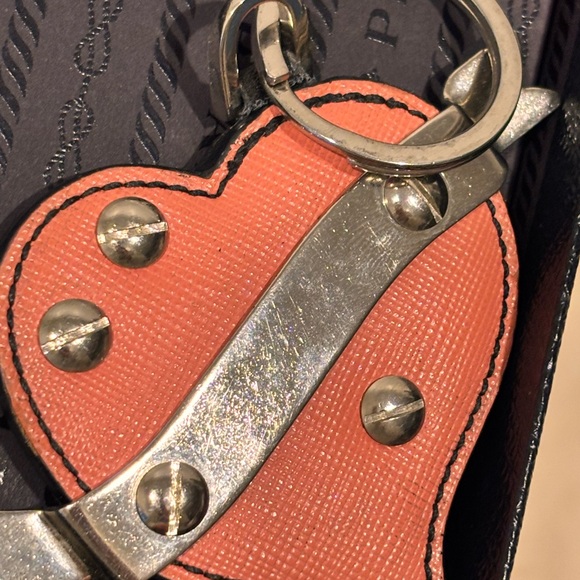 Prada Saffiano ‘Trick’ Coral Leather Studded Heart Keychain W/ Box - Picture 7 of 16